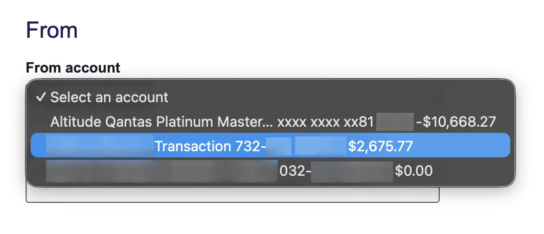 The account selection dropdown showing the balance buried at the far right