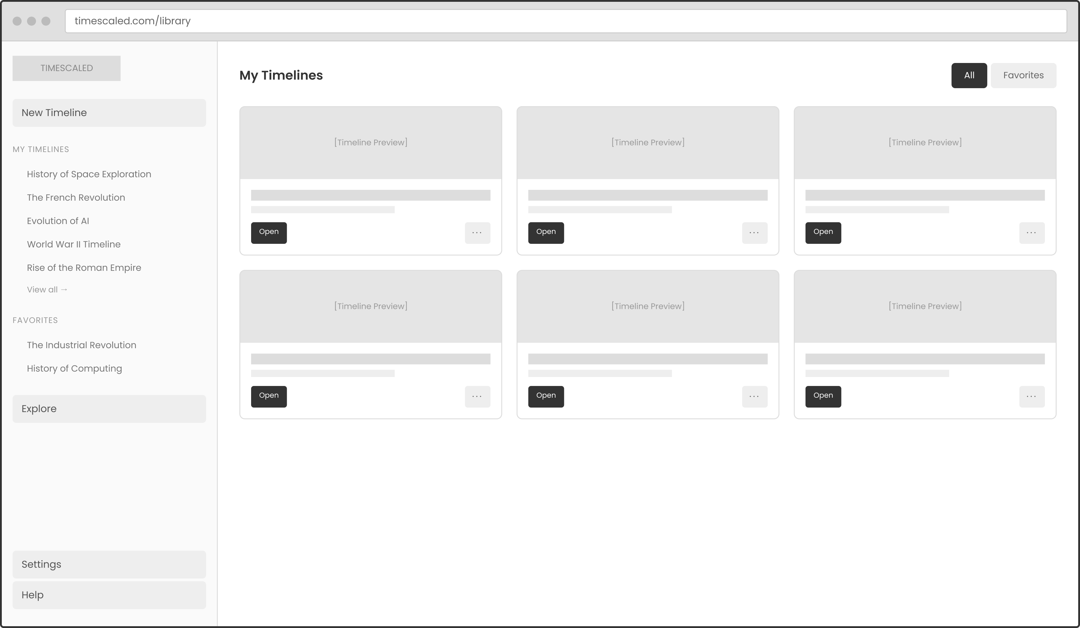 My Timelines Wireframe